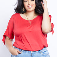 Curve Jolie Tie Sleeves Tee Plus Size Tops Red 1XL -2020AVE