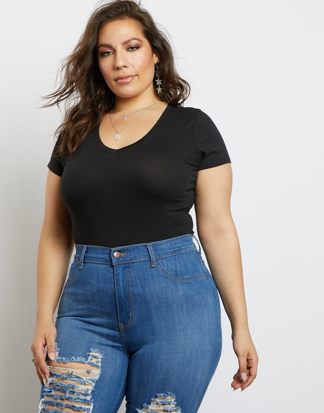 Curve Plain and Simple V-neck Tee Plus Size Tops Black 1XL -2020AVE