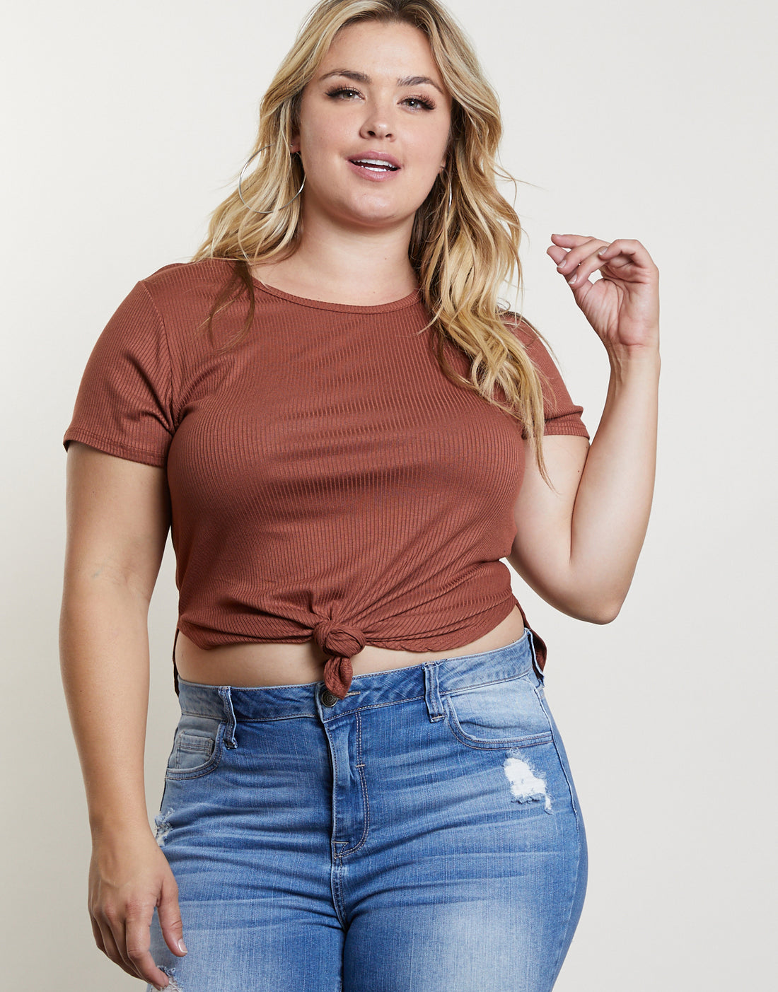Curve Ribbed Side Slit Top Plus Size Tops Brown 1XL -2020AVE
