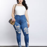 Curve Ripped Blue Jeans Plus Size Bottoms Blue 1XL -2020AVE