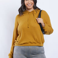 Curve Sarah Waffle Knit Hoodie Plus Size Tops Mustard 1XL -2020AVE