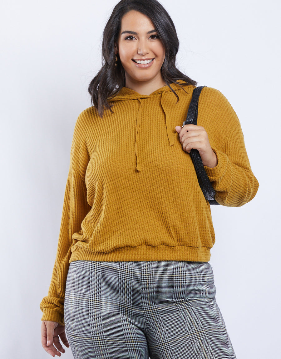 Curve Sarah Waffle Knit Hoodie Plus Size Tops Mustard 1XL -2020AVE