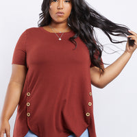 Curve Simple Button Up Tee Plus Size Tops Rust 1XL -2020AVE