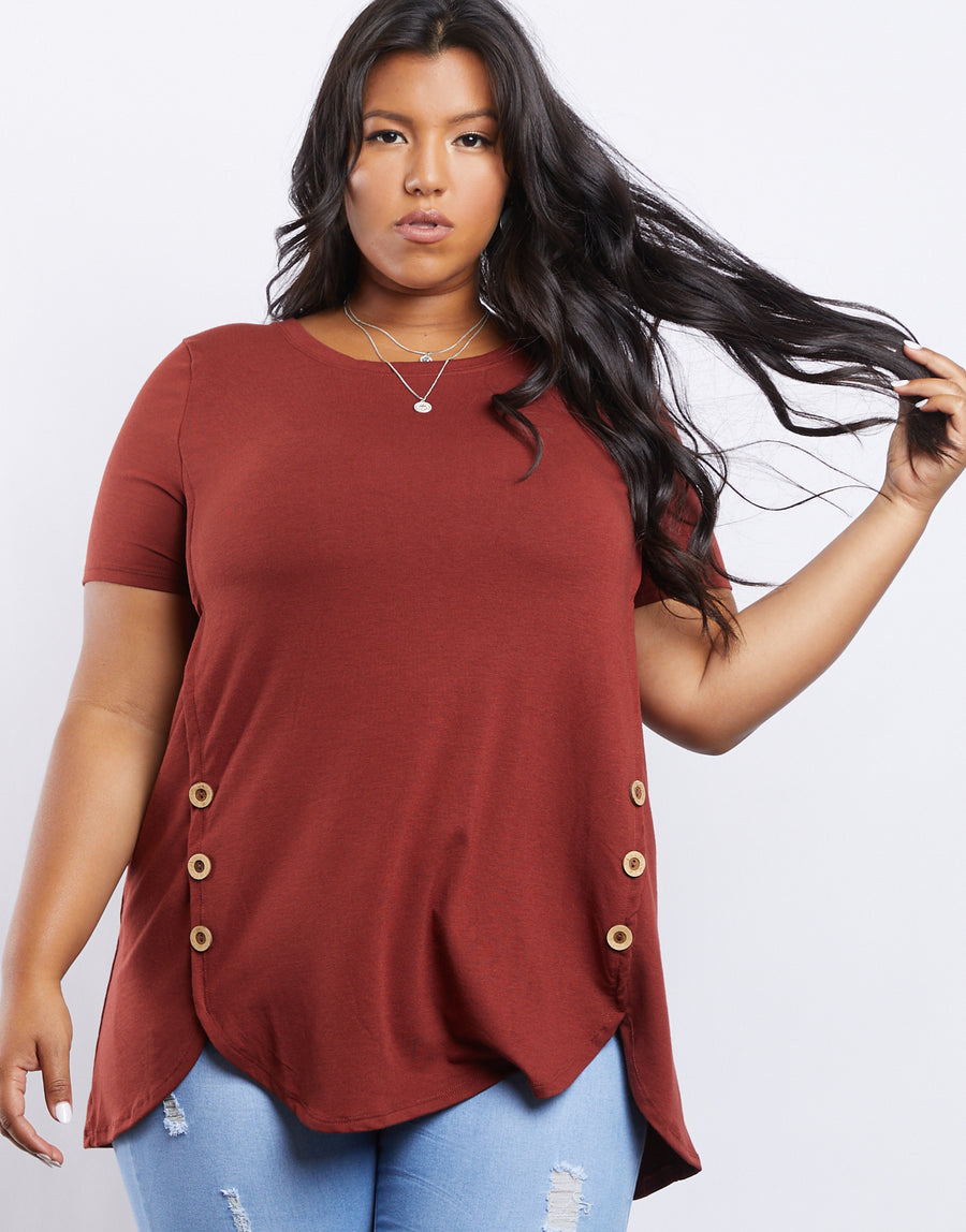 Curve Simple Button Up Tee Plus Size Tops Rust 1XL -2020AVE