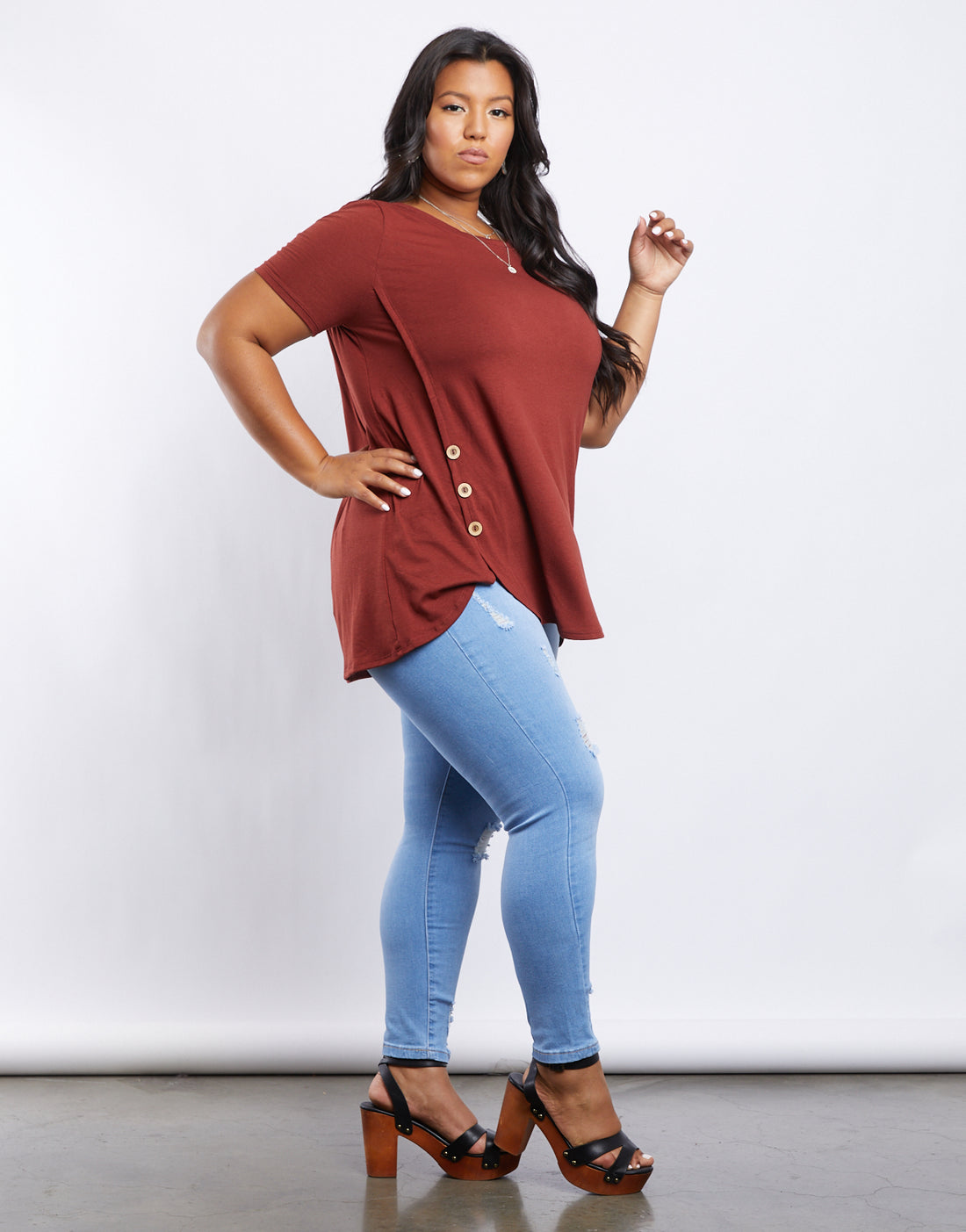 Curve Simple Button Up Tee Plus Size Tops -2020AVE