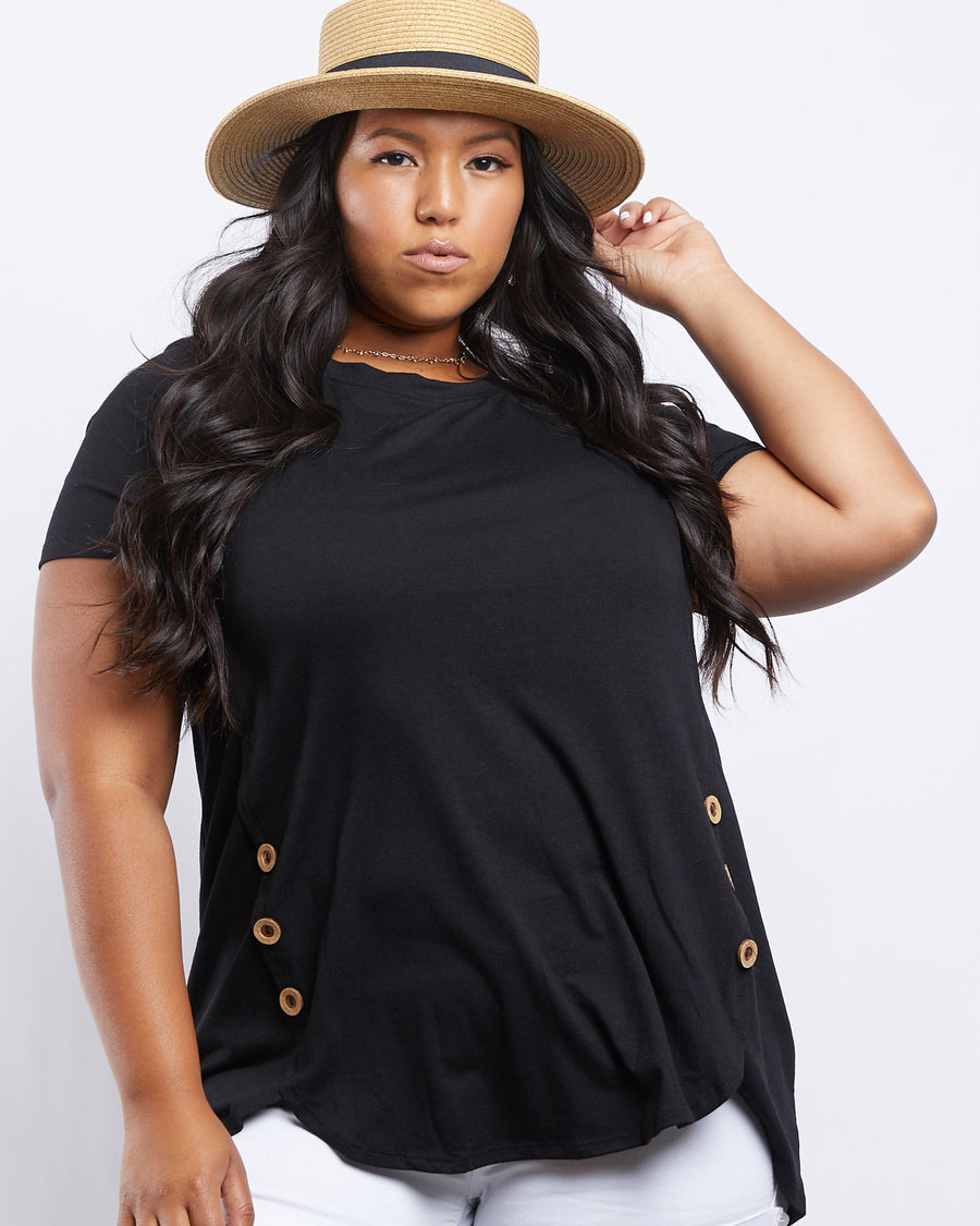 Curve Simple Button Up Tee Plus Size Tops Black 1XL -2020AVE