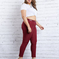 Curve Skinny Belted Pants Plus Size Bottoms Burgundy 1XL -2020AVE