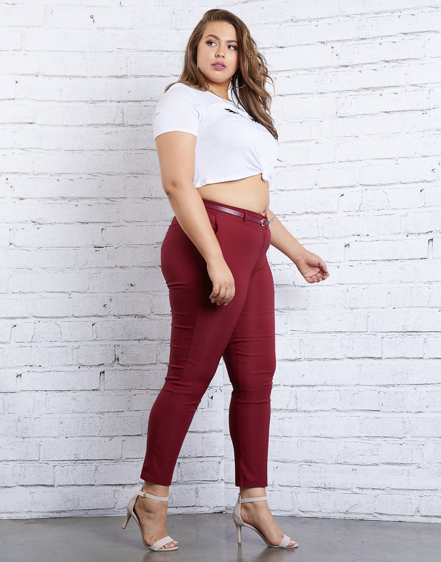 Curve Skinny Belted Pants Plus Size Bottoms Burgundy 1XL -2020AVE