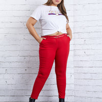 Curve Skinny Belted Pants Plus Size Bottoms Red 1XL -2020AVE