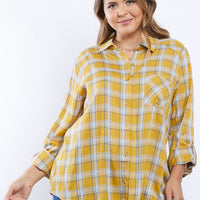 Curve Western Touch Plaid Shirt Plus Size Tops Yellow 1XL -2020AVE