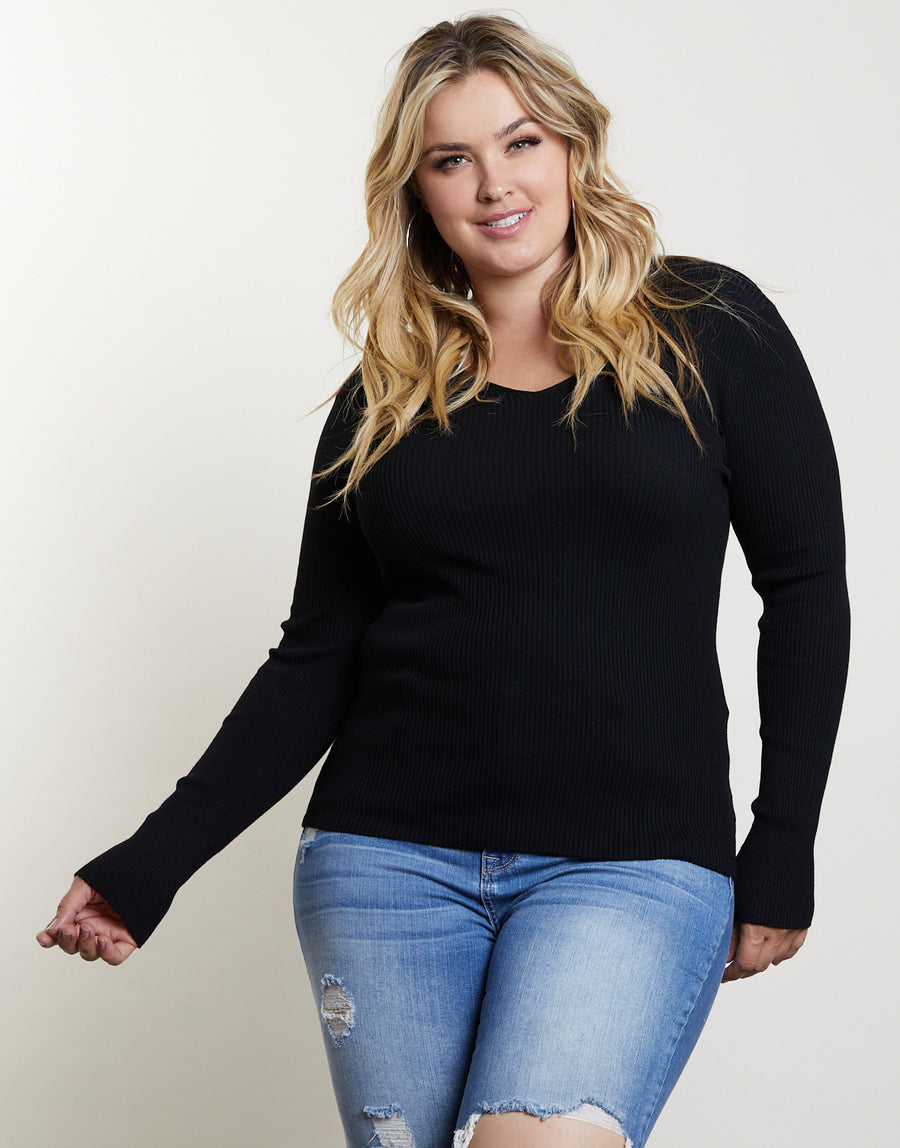 Curve You and V Sweater Plus Size Tops Black 1XL -2020AVE