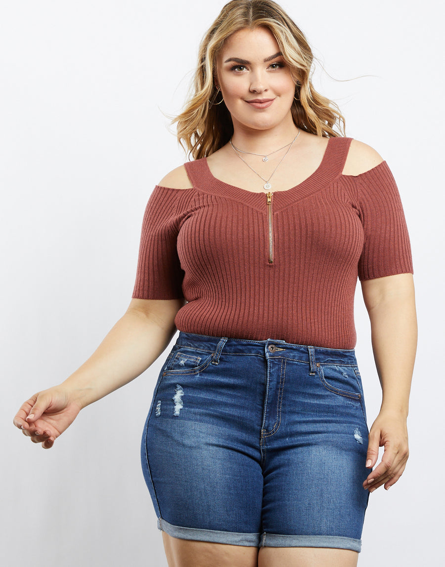Zip It To Me Ribbed Top Plus Size Tops Raisin 1XL -2020AVE