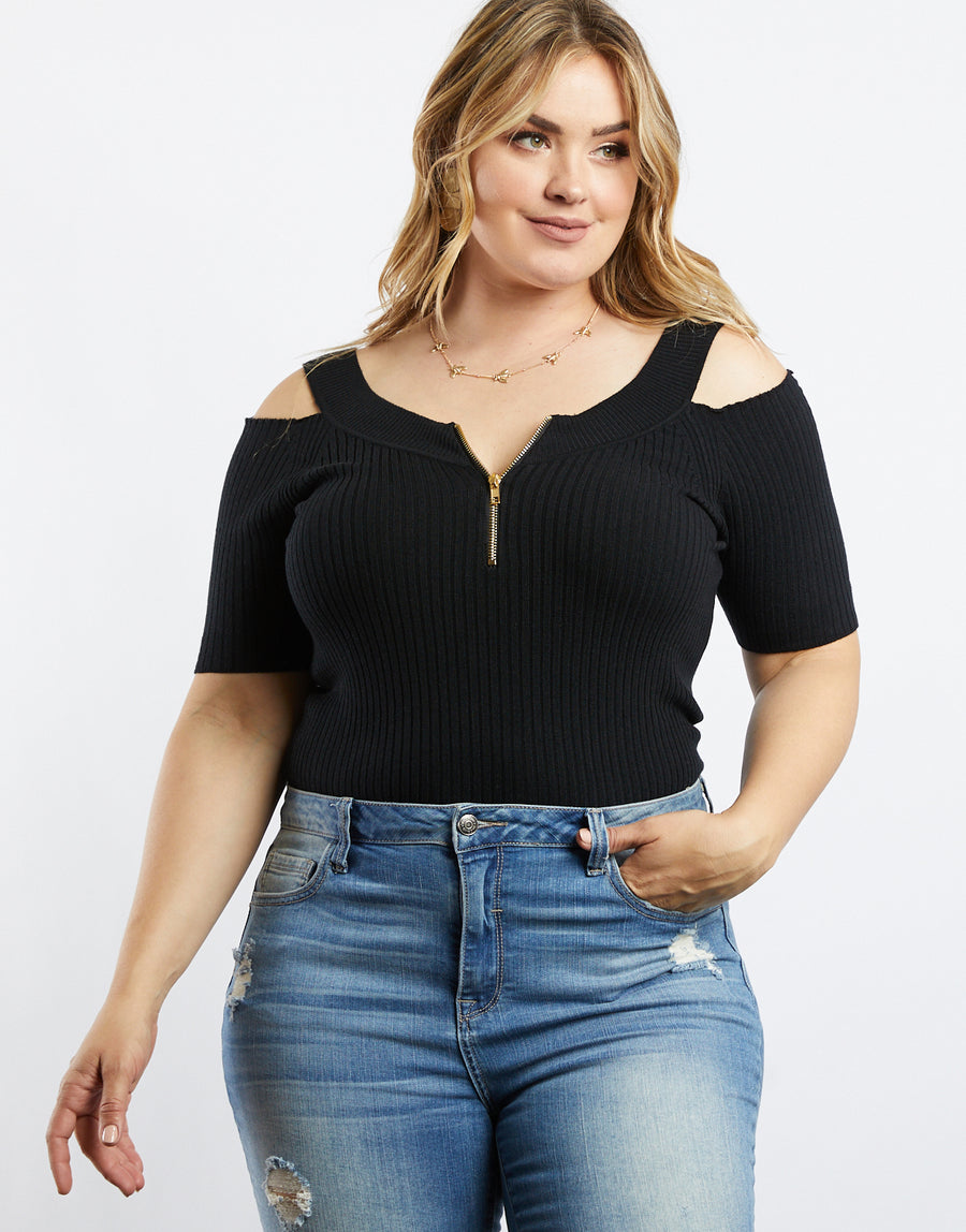 Zip It To Me Ribbed Top Plus Size Tops Black 1XL -2020AVE