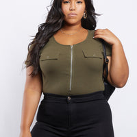 Curve Zip It Up Bodysuit Plus Size Tops Olive 1XL -2020AVE