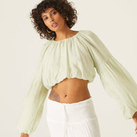 Puff Sleeve Woven Crop Top Tops -2020AVE