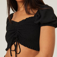 Puffed Sleeve Smocked Crop Top Tops Black Small -2020AVE