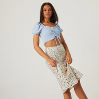 Puffed Sleeve Smocked Crop Top Tops Blue Small -2020AVE