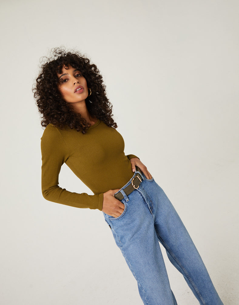 Bodycon Long Sleeve Shirt Tops Olive S/M -2020AVE