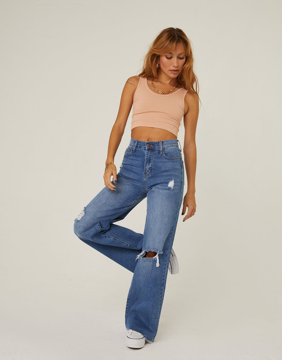 Distressed Wide Leg Jeans Bottoms -2020AVE