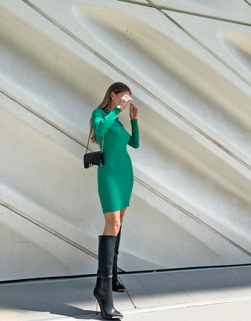 Rib Knit Long Sleeve Dress Dresses Green Small -2020AVE