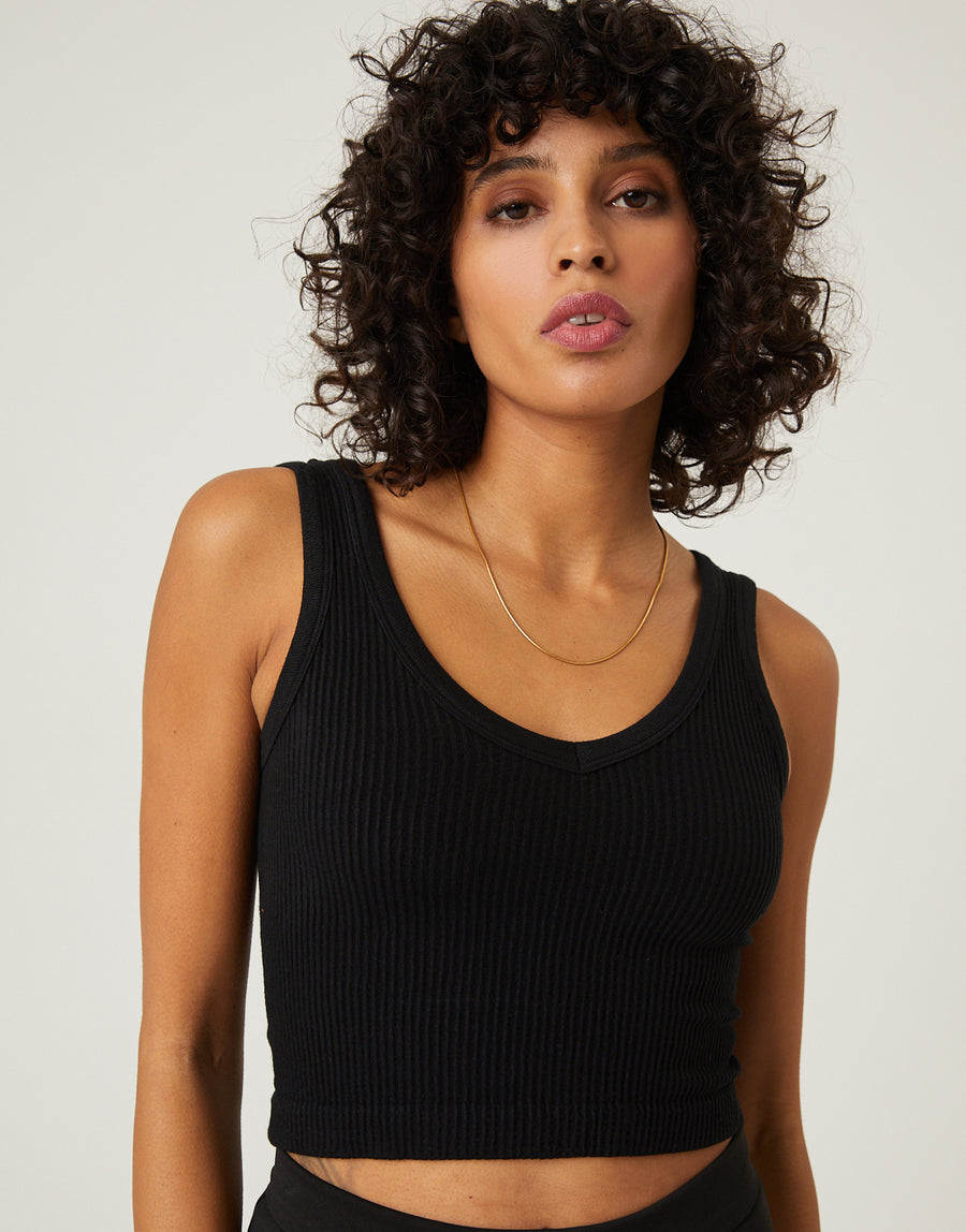 Ribbed Seamless Cropped Tank Tops Black Small -2020AVE