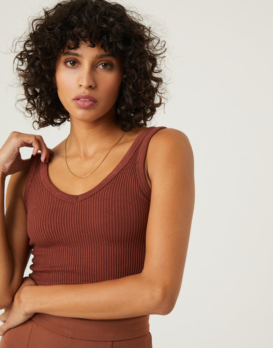 Ribbed Seamless Cropped Tank Tops Brown Small -2020AVE