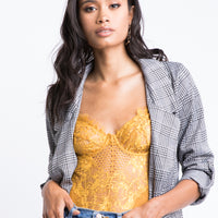 Romantic Eyelash Lace Bodysuit Tops Mustard Small -2020AVE