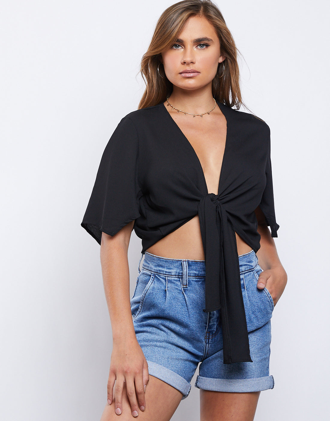 San Tropez Tie Front Top Tops Black Small -2020AVE