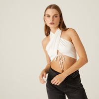 Satin Crossing Halter Top Tops White Small -2020AVE