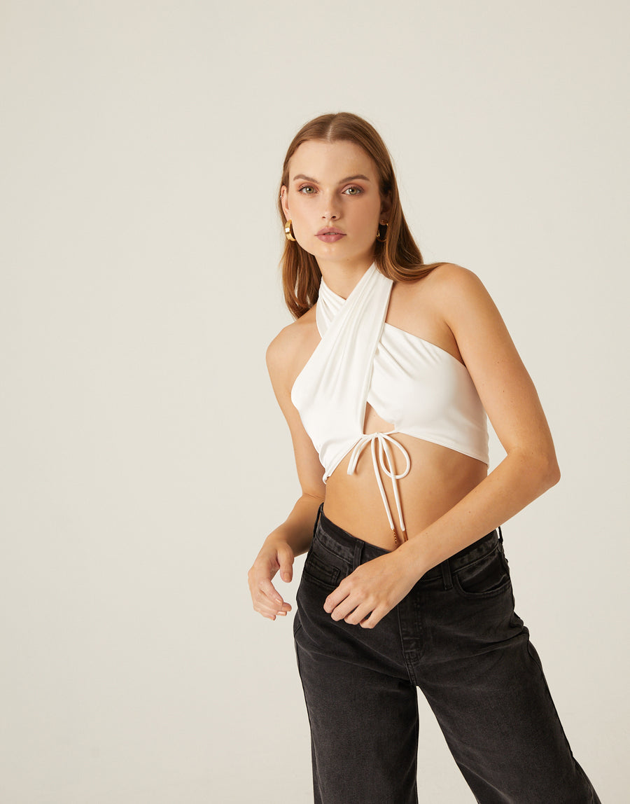 Satin Crossing Halter Top Tops White Small -2020AVE