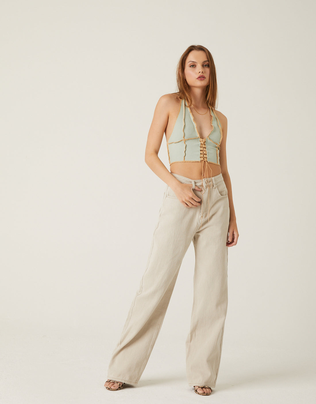 Seam Detail Lace Up Top Tops -2020AVE