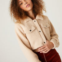 Cropped Button Down Teddy Jacket Outerwear Beige Small -2020AVE