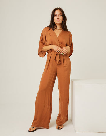 Short Sleeve Satin Jumpsuit Rompers + Jumpsuits Brown Small -2020AVE