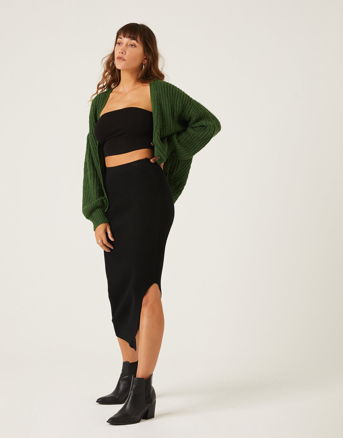 Side Slit Knit Midi Skirt Bottoms Black Small -2020AVE