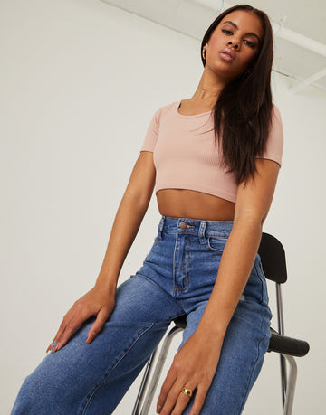Simple Ribbed Crop Tee Tops Blush Small -2020AVE