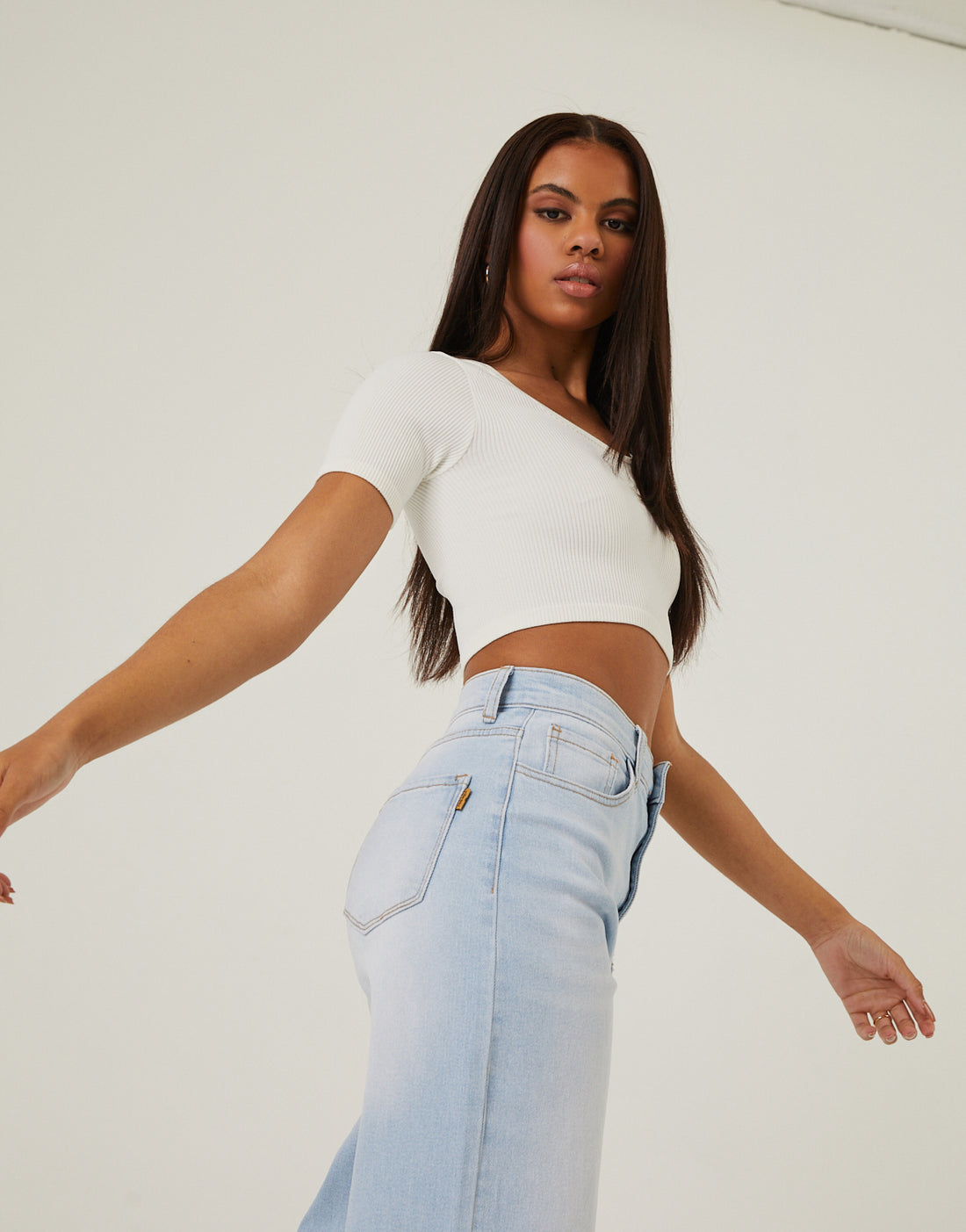 Simple Ribbed Crop Tee Tops White Small -2020AVE