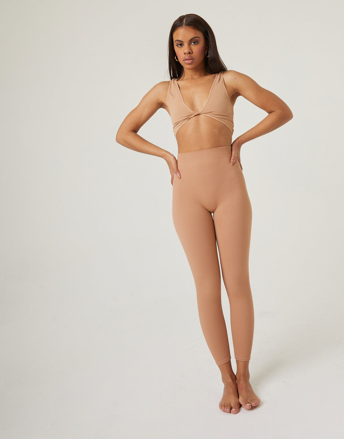 Simple Ribbed Leggings Bottoms Tan Small -2020AVE