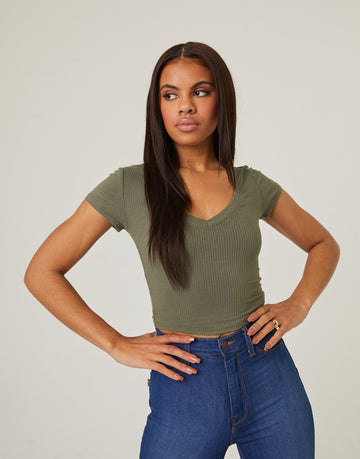 Simple V-neck Crop Top Tops Olive Small -2020AVE