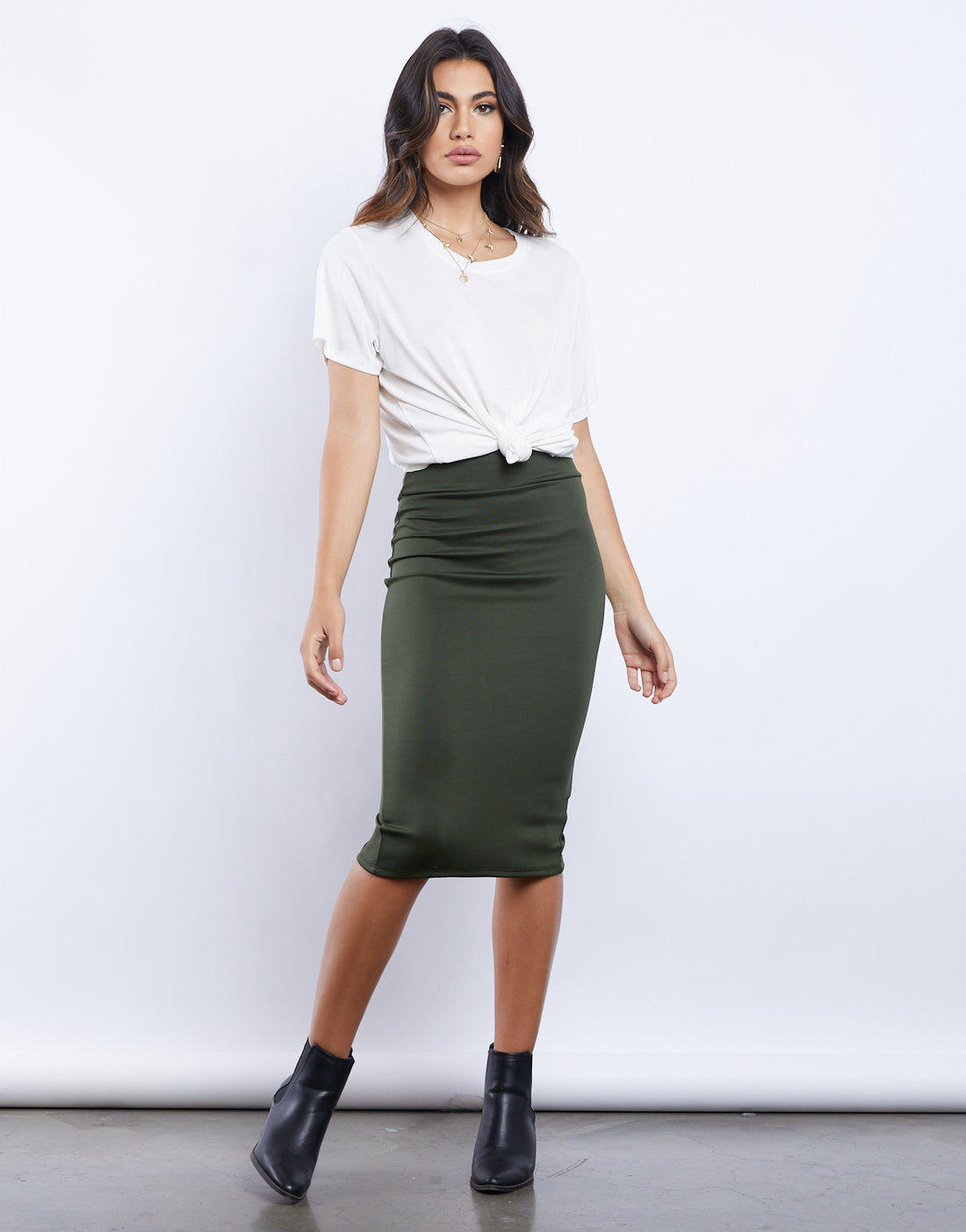 So Basic Bodycon Midi Skirt Bottoms Olive Small -2020AVE