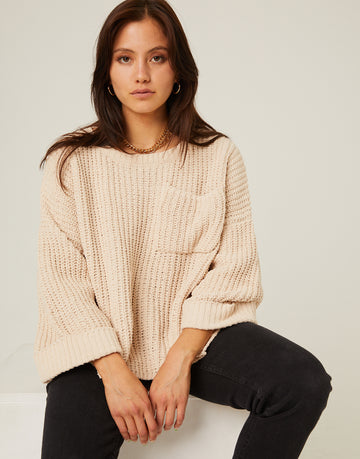 Soft Knit Sweater with Pocket Tops Beige Small -2020AVE
