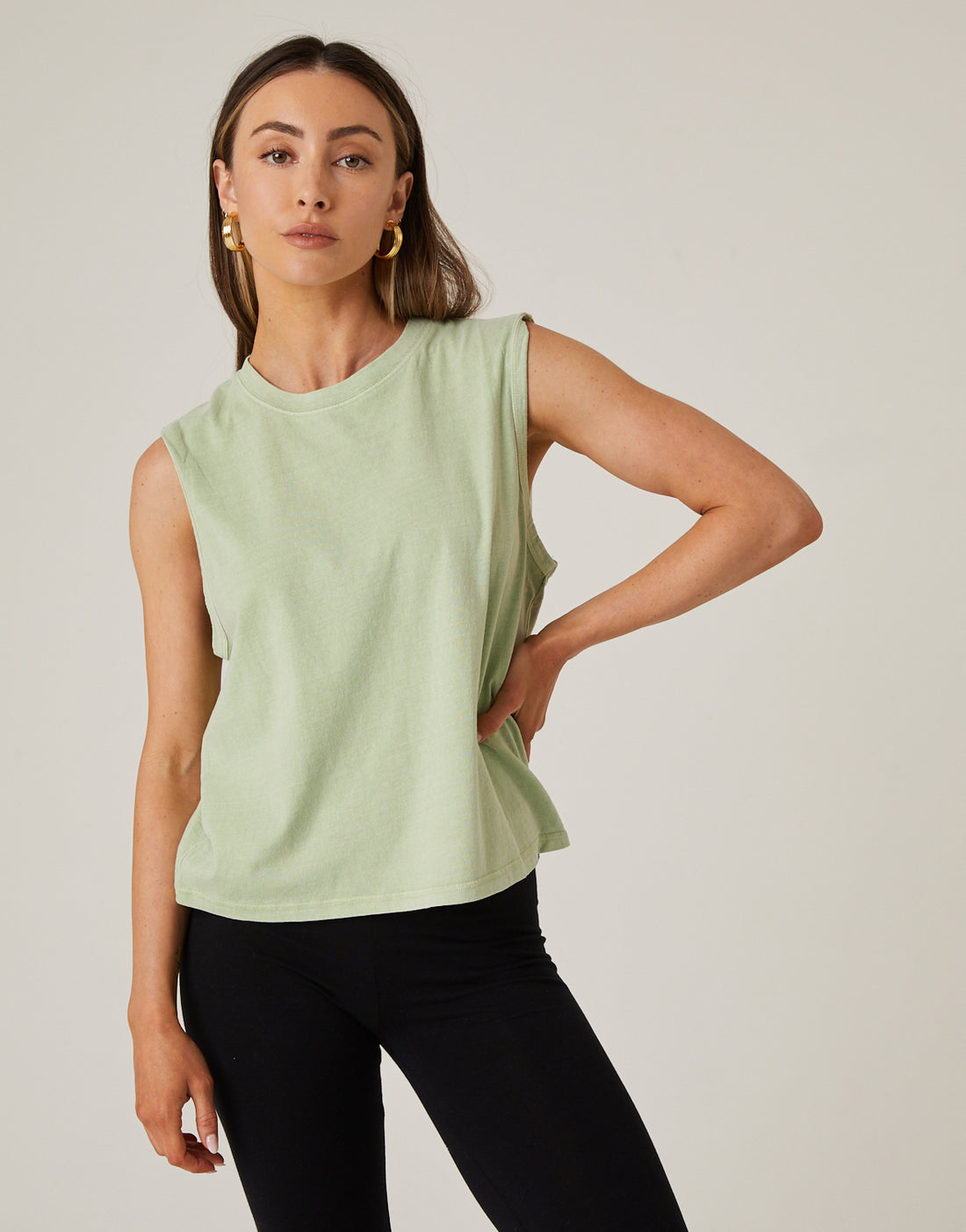 Solid Sleeveless Tee Tops Green Small -2020AVE