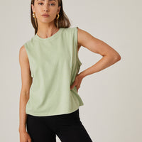 Solid Sleeveless Tee Tops Green Small -2020AVE