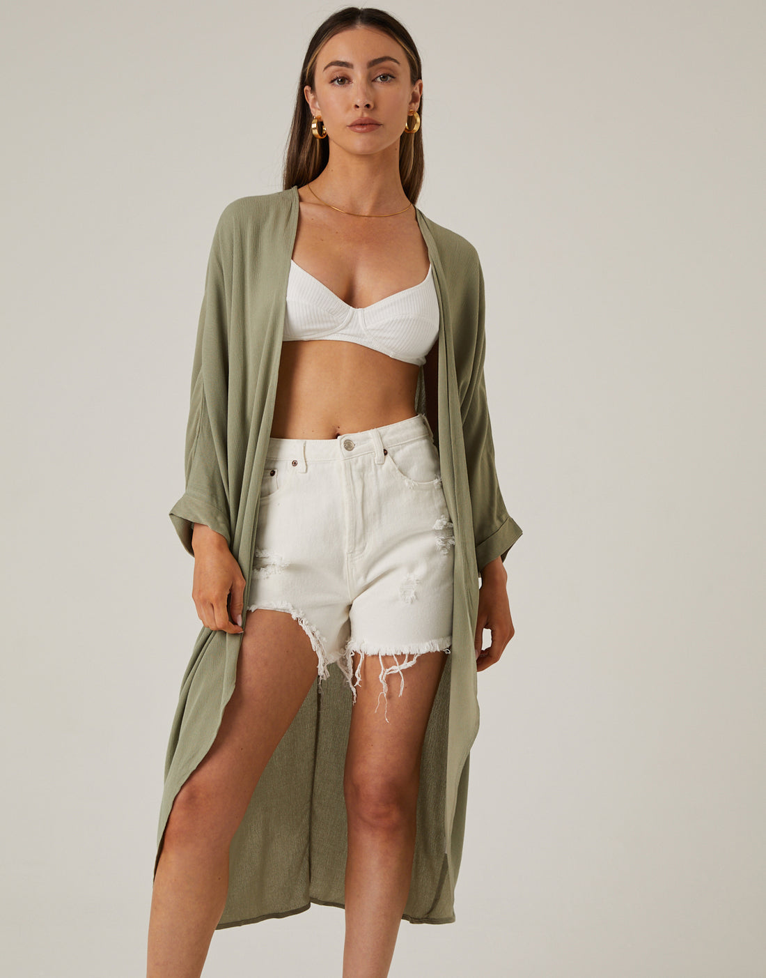 Solid Woven Duster Outerwear Olive Small -2020AVE