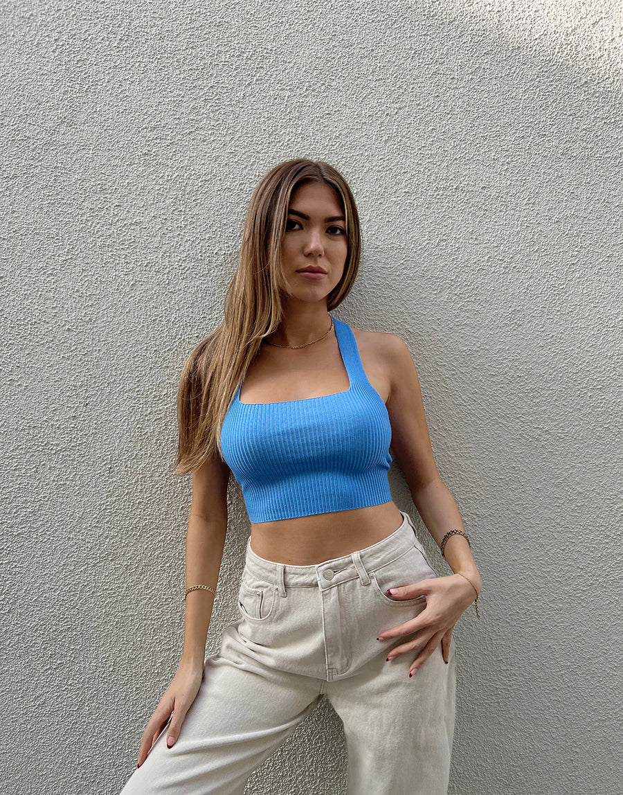 Strappy Tie Back Ribbed Tank Tops Blue Small -2020AVE