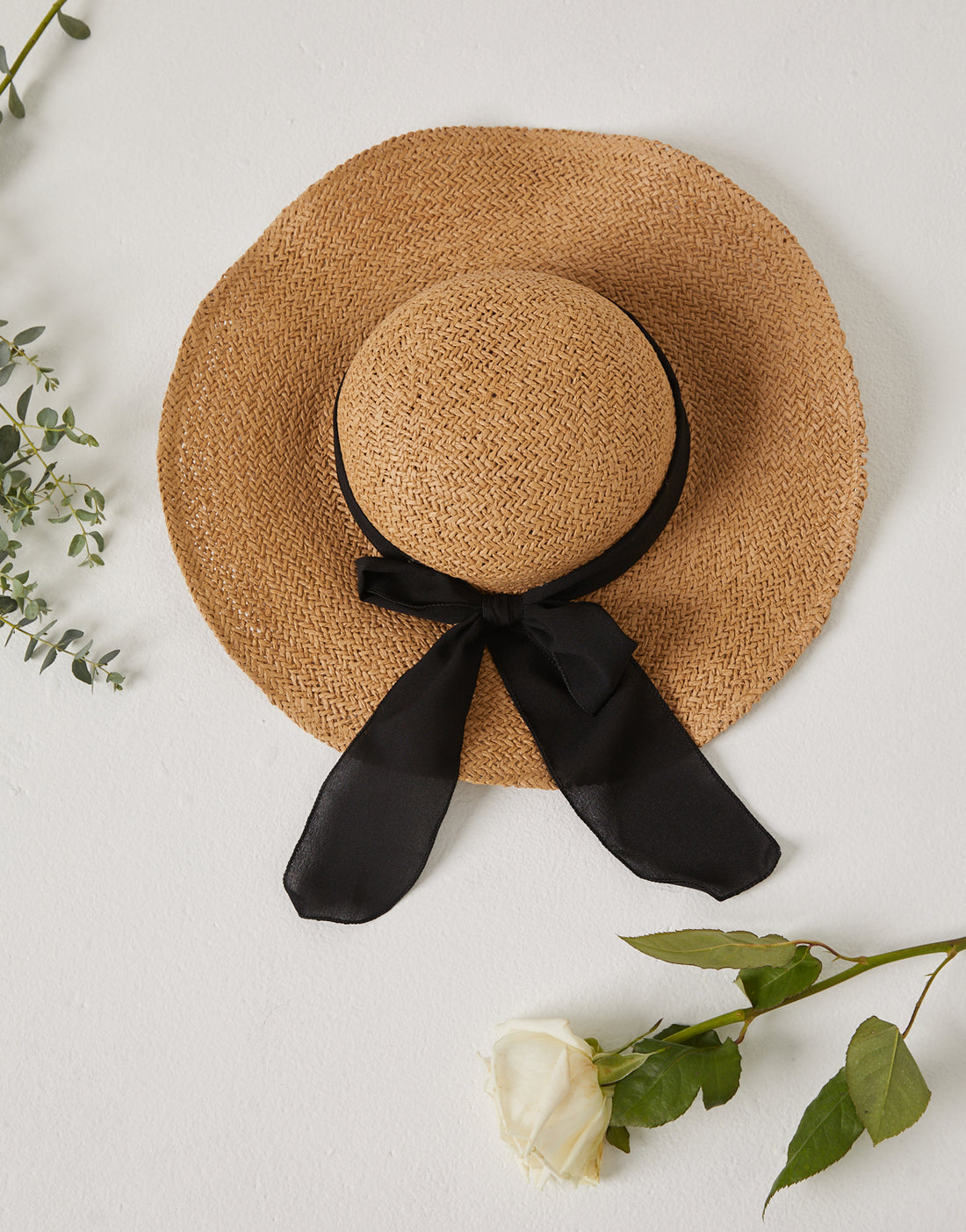 Straw Hat with Tie Accessories Brown One Size -2020AVE