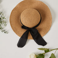 Straw Hat with Tie Accessories Brown One Size -2020AVE