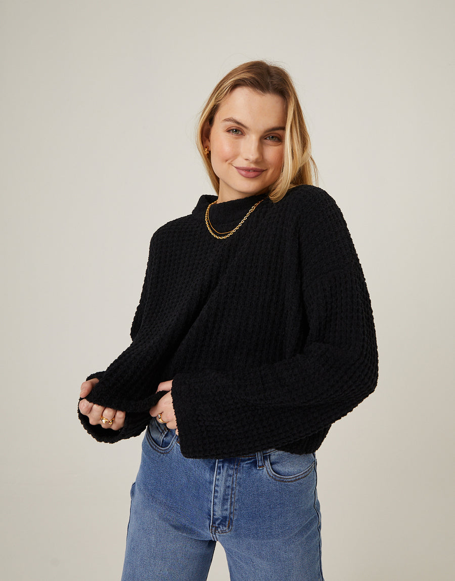 Super Soft Waffle Knit Sweater Tops Black Small -2020AVE