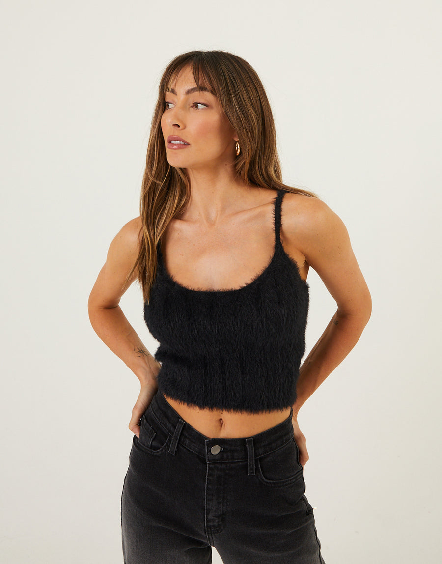 Fuzzy Cropped Tank Top Tops Black Small -2020AVE