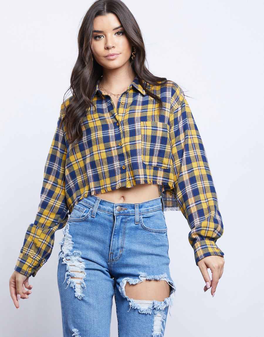 Sylvie Raw Edge Cropped Flannel Shirt Tops Mustard Small -2020AVE