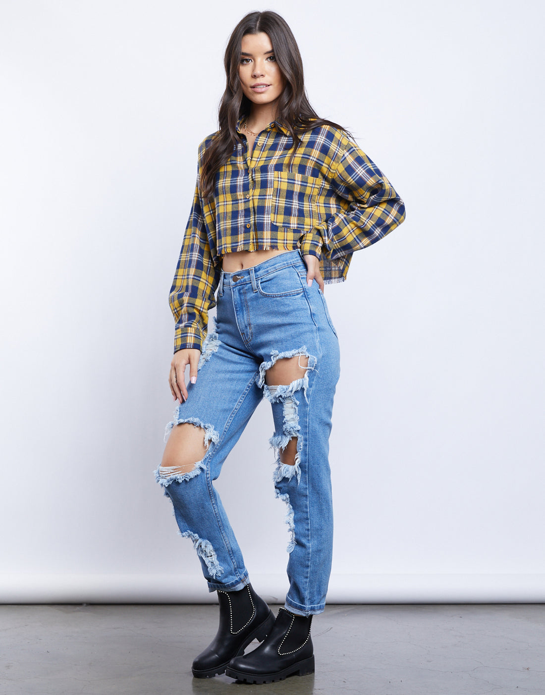 Sylvie Raw Edge Cropped Flannel Shirt Tops -2020AVE